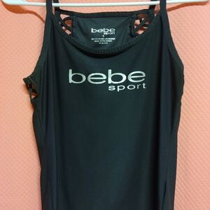 Bebe sports top, tank, sleeveless, stripe, brand name, workout, shirt, black